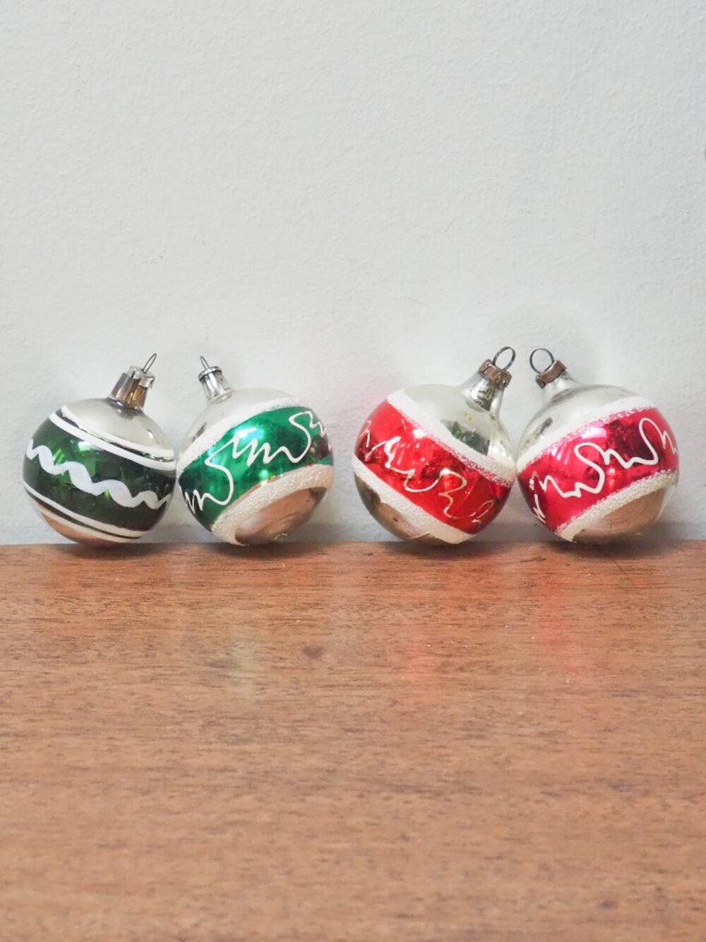 Vtg Painted Glass Christmas Balls Set of 4 -  1.75" Diameter - Green Red Silver